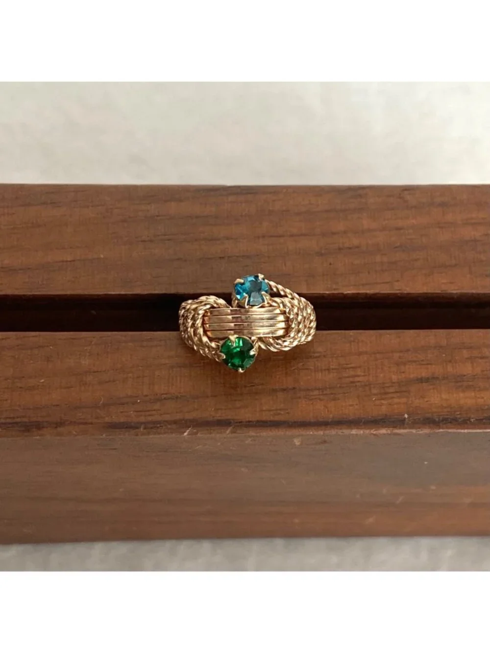 Brass Colored Wire wrapped Blue & Green Rhinestone Baby Ring Size <1